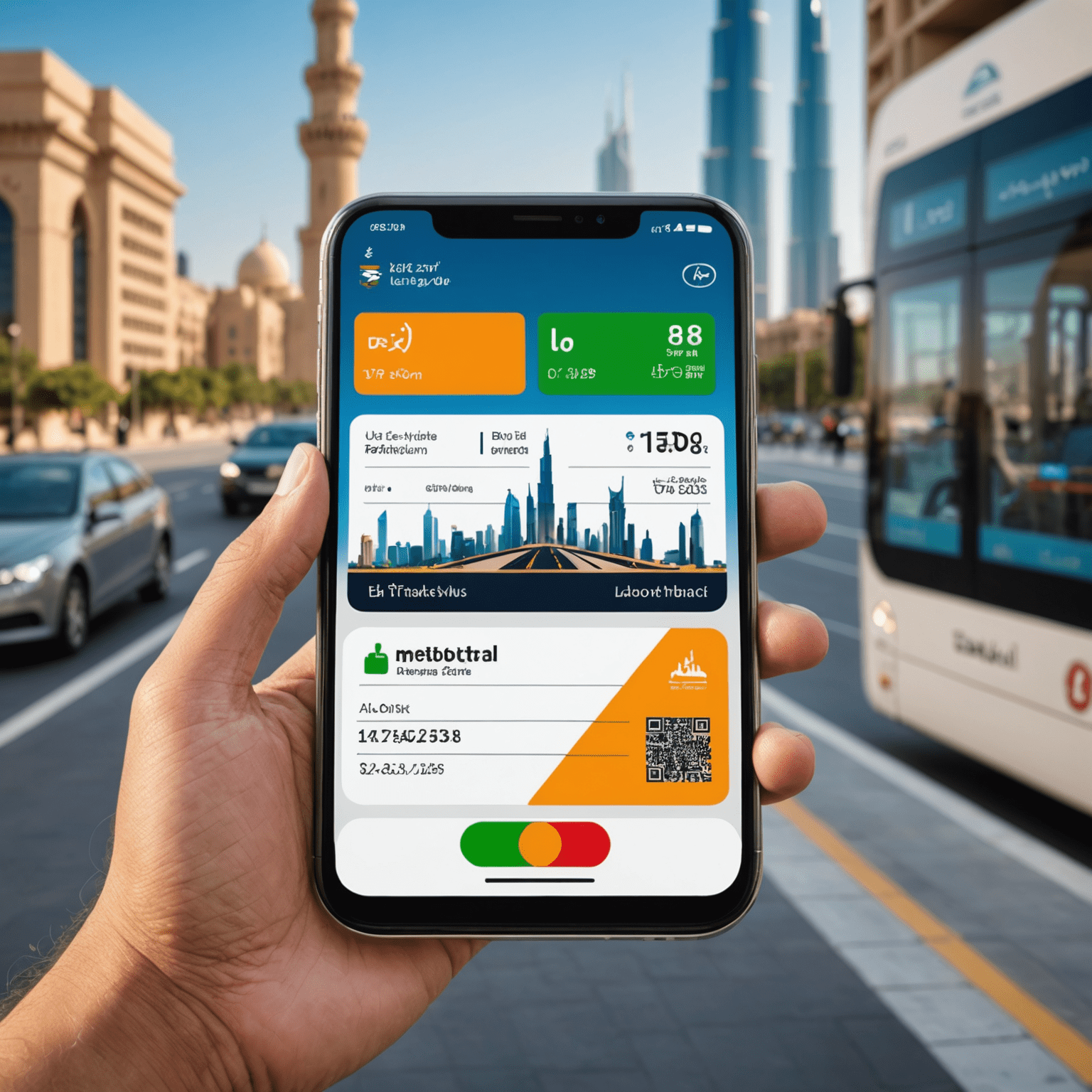 A smartphone displaying a transport card recharge app interface, showing balance and top-up options. The background features iconic UAE landmarks.