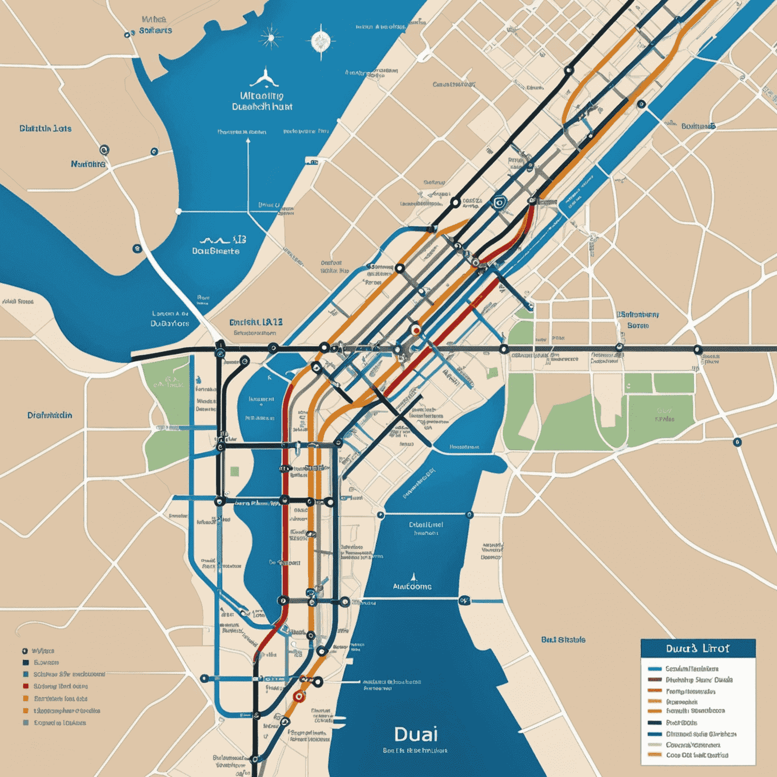 A map showing the new metro line in Dubai, highlighting key areas and stations along the route