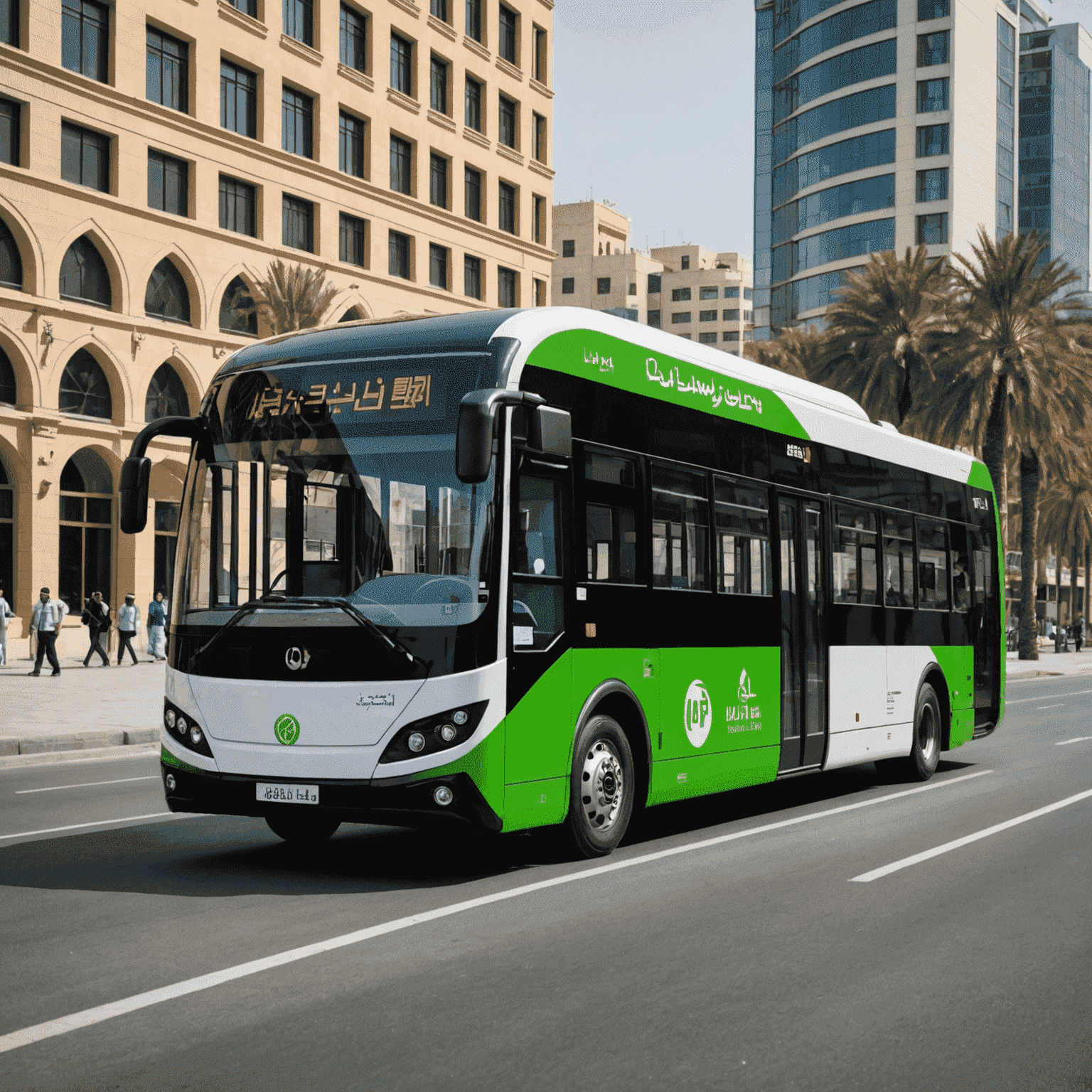 An electric bus with UAE branding, showcasing its eco-friendly features and modern design